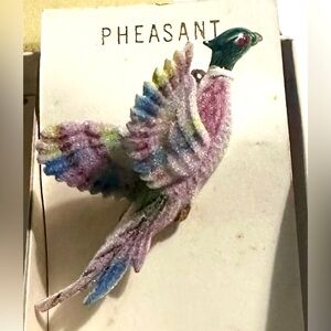 Vintage Brooch Scatter Pin Mica “Flocked” PHEASANT Game Bird Pastel Rainbow NOC